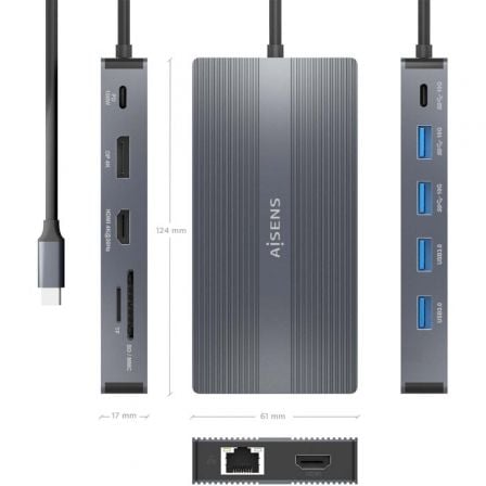Docking USB Tipo-C Aisens ASUC-12P017-GR/ 2xHDMI 4K/ 4xUSB/ 1xUSB Tipo-C/ 1xRJ45/ 1xDisplayPort/ 1xLector Tarjetas/ 1xUSB Tipo-C PD/ Gris - Imagen 3