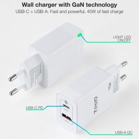 Cargador de Pared GaN TooQ TQWC-GANQCPD45WT/ 1xUSB Tipo-C/ 1xUSB/ 45W - Imagen 2