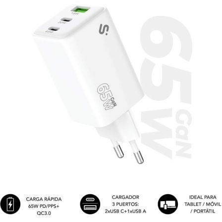 Cargador de Pared GaN Subblim 65W Charger USB C+C+A/ 2xUSB Tipo-C/ 1xUSB/ 65W